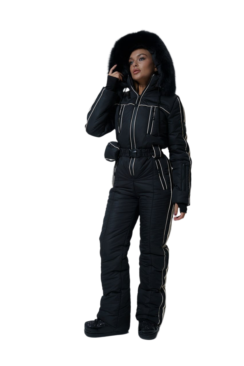 Winter Womens Jumpsuit Black Water Repellent Insulated Ski Suit Sporty Striped
