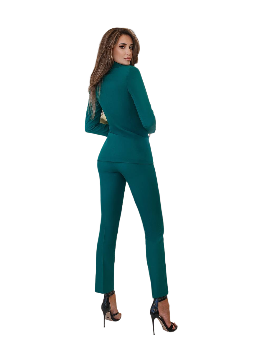 Woman wearing a teal suit on a white background