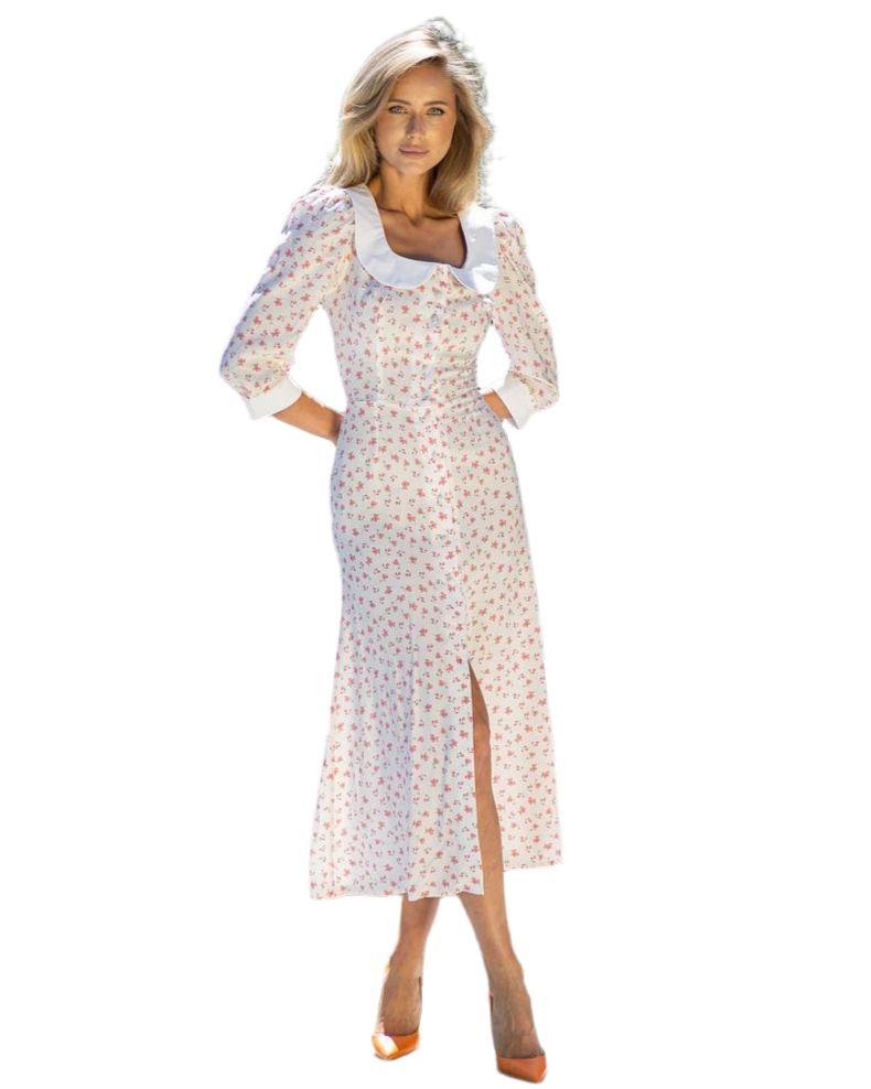 Elegant Floral Maxi Dress with White Collar and Slit