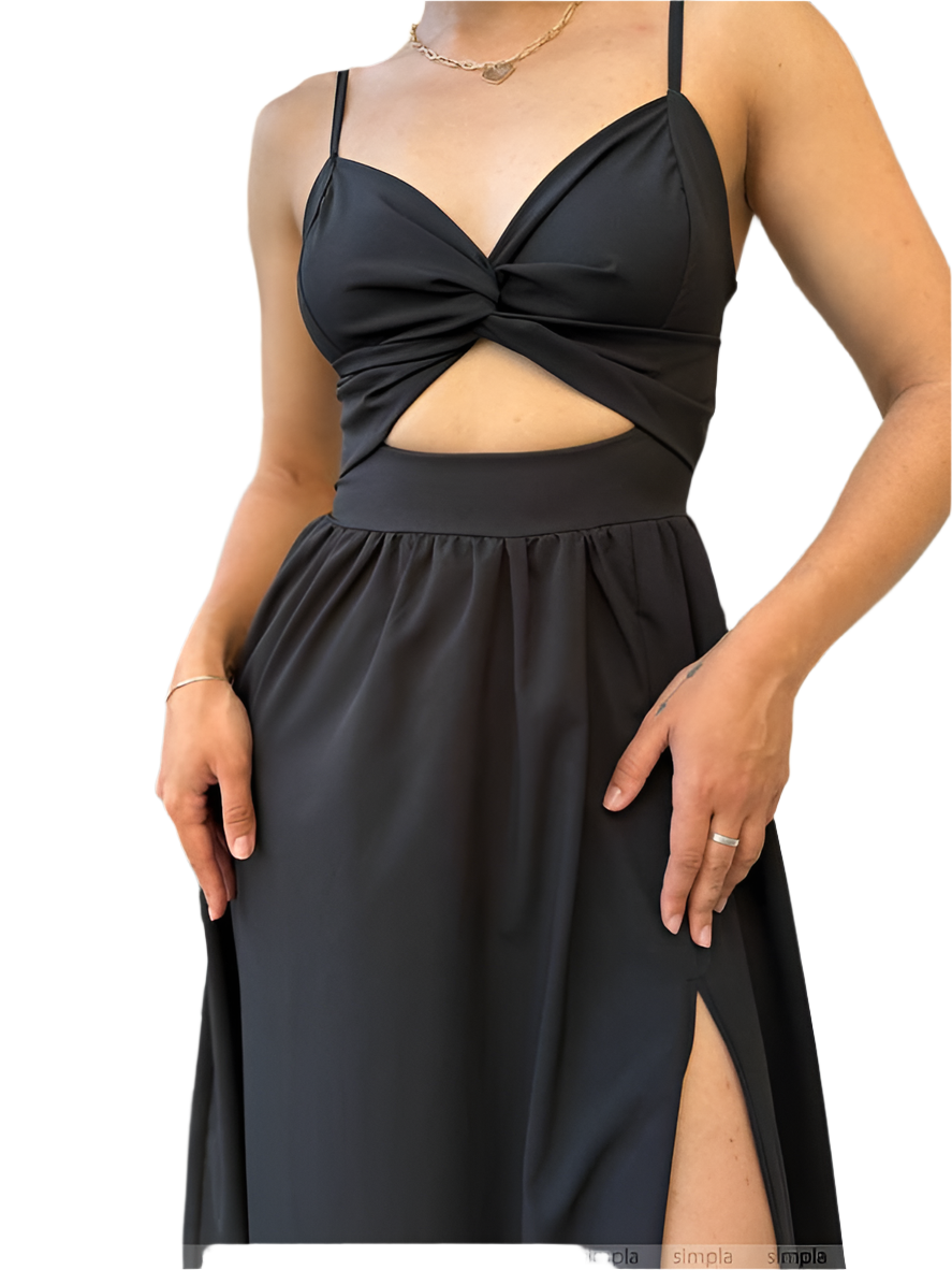 Elegant Black Soft Fabric Midi Dress with Side Slit and Cutout