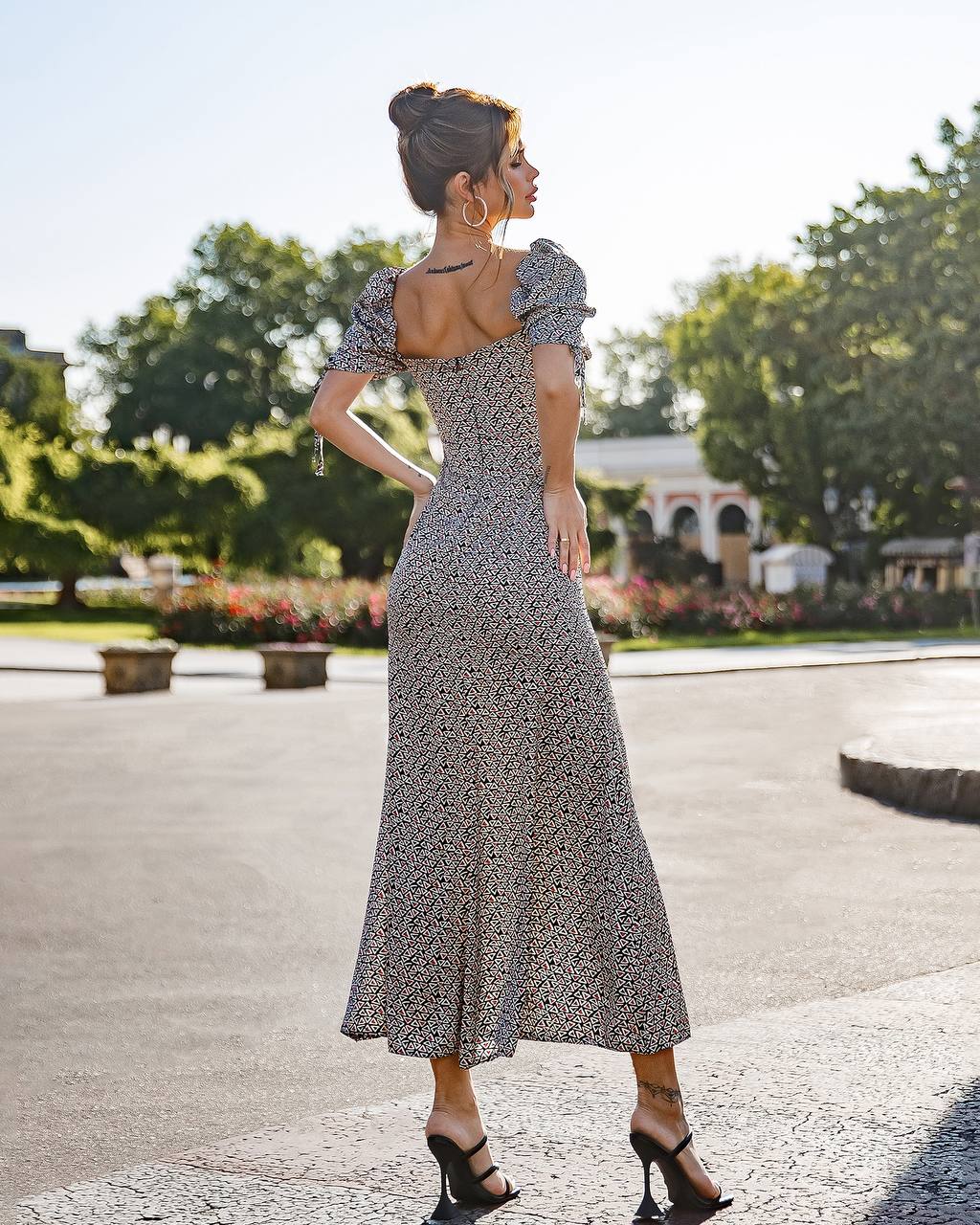 Printed Silk Puff Sleeve Midi Dress for Women