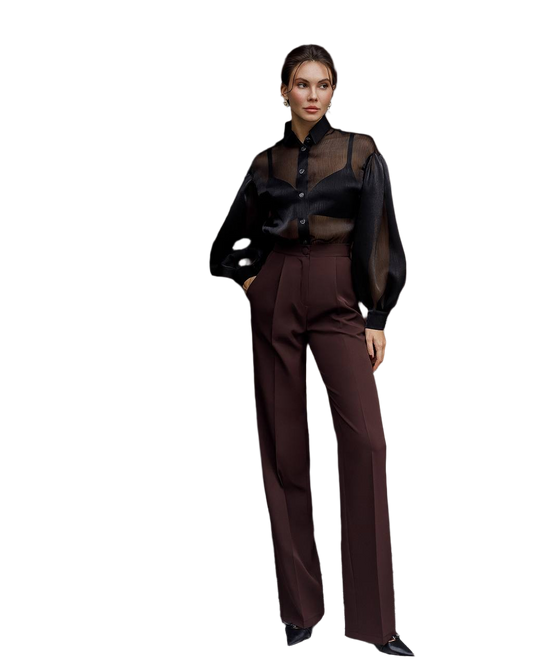 Woman wearing a black sheer blouse and brown pants on a white background