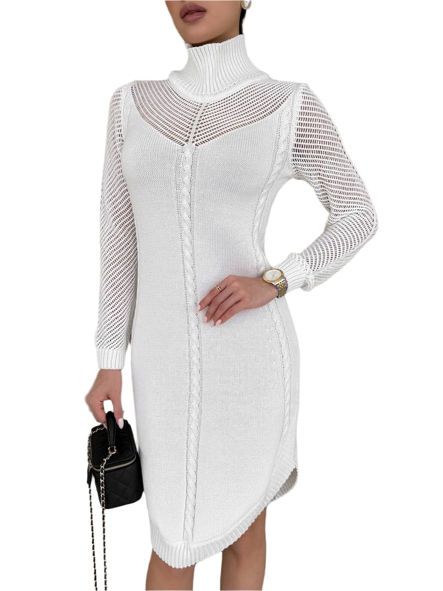 Womens White Knit Turtleneck Dress Long Sleeve Casual