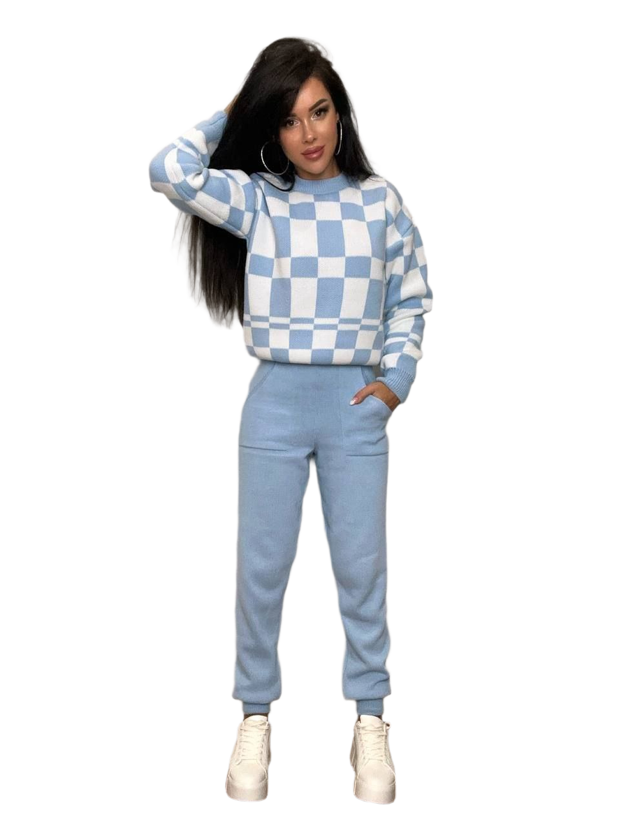 Knitted Suit in Plaid Pattern for Women Light Blue and White
