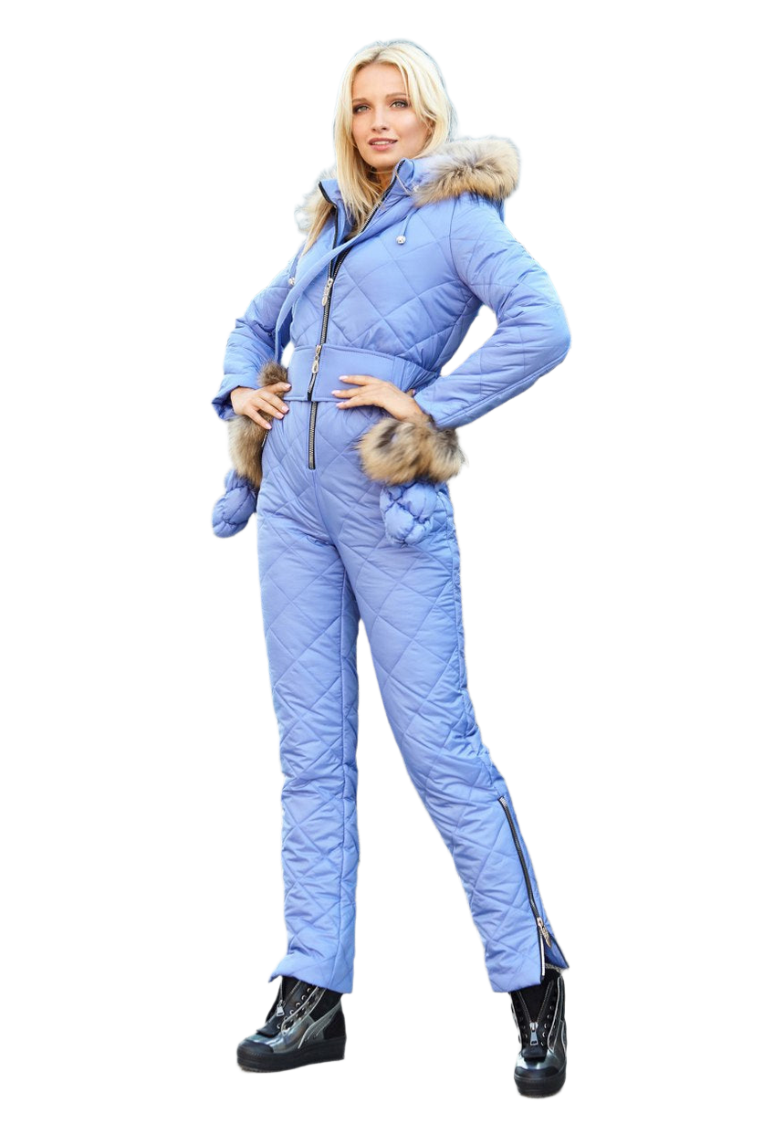 Winter Women's Quilted Ski Jumpsuit with Natural Raccoon Fur and Siliconized Insulation