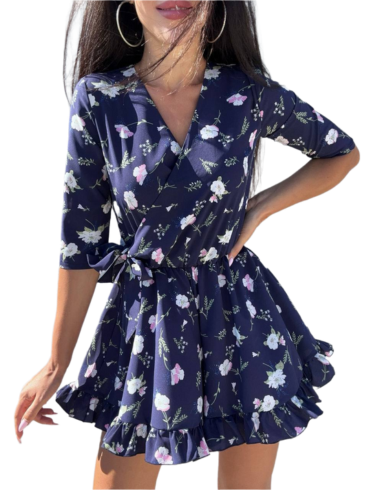 Womens Floral Wrap Breeze Jumpsuit with Ruffles and Tie Waist