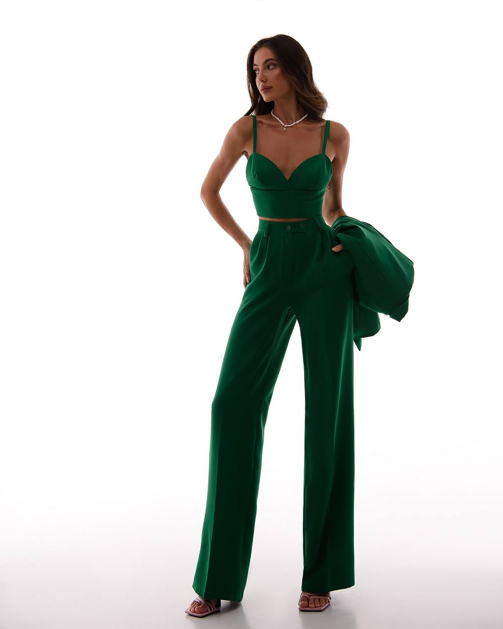 Three-Piece Prom Bridal Wedding Cocktail Graduation Womens Green Suit Jacket Top And Trousers Pantsuit Palazzo Pants