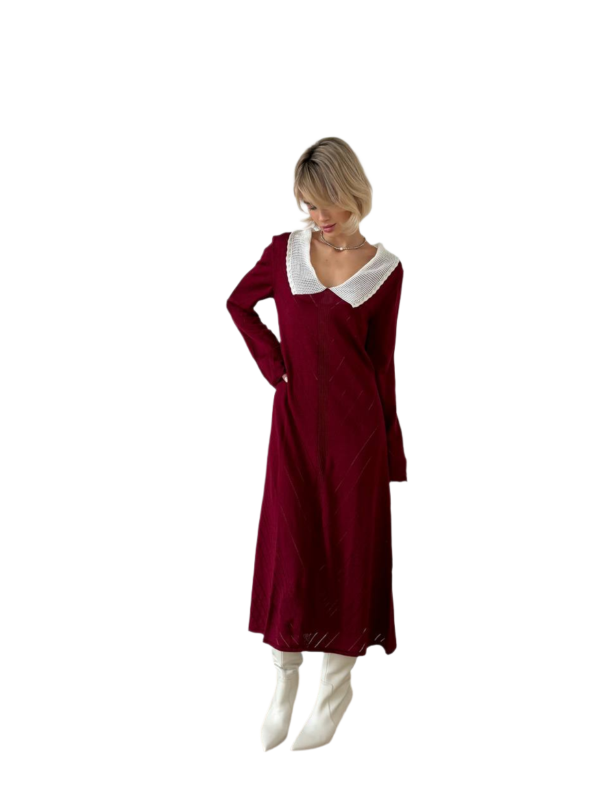Elegant Burgundy Dress with White Collar for Women