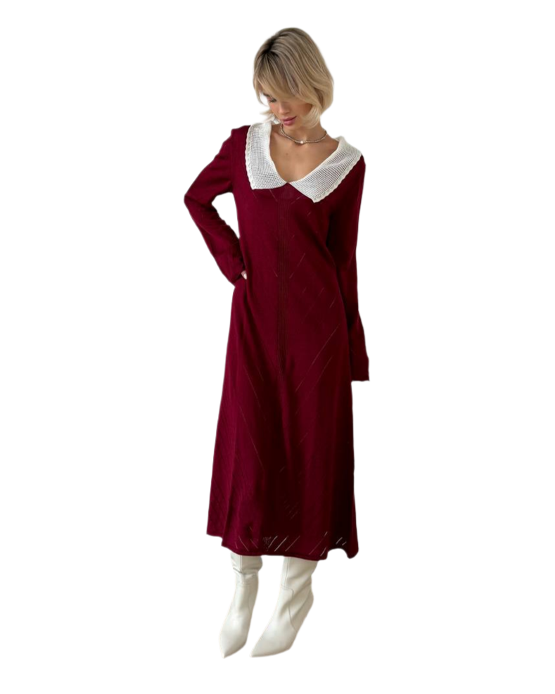 Elegant Burgundy Dress with White Collar for Women
