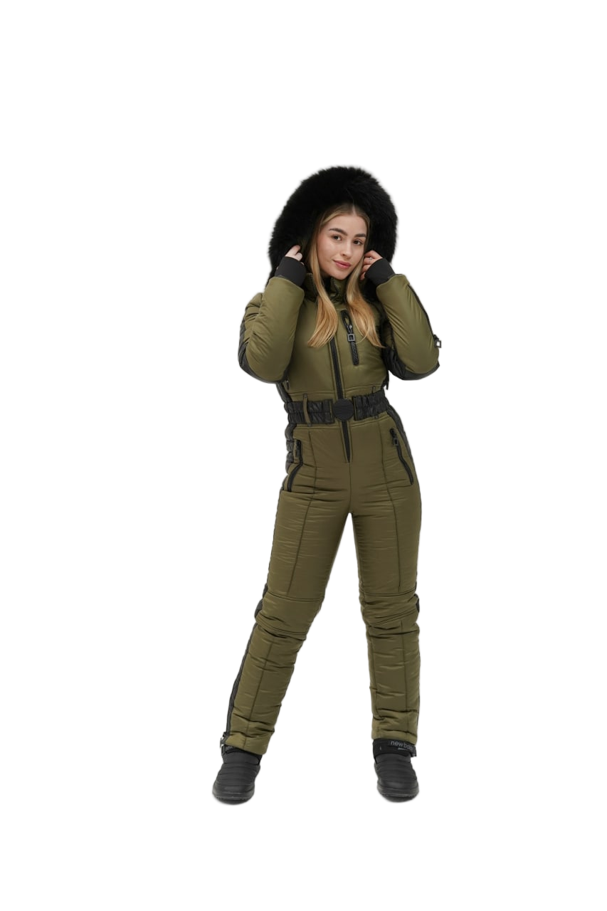 Womens Olive Winter Overall Removable Hood Real Fox Fur Insulated Snow Ski Suit