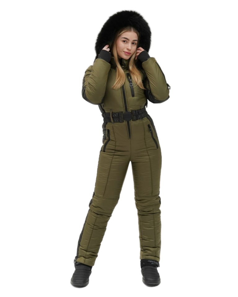 Womens Olive Winter Overall Removable Hood Real Fox Fur Insulated Snow Ski Suit
