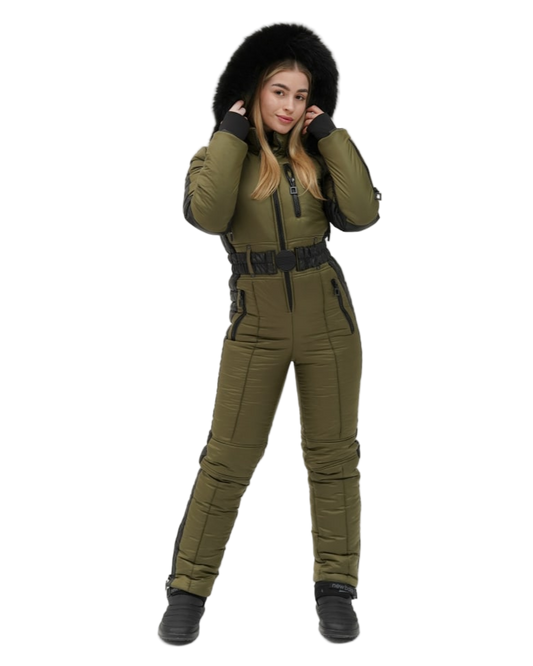 Womens Olive Winter Overall Removable Hood Real Fox Fur Insulated Snow Ski Suit