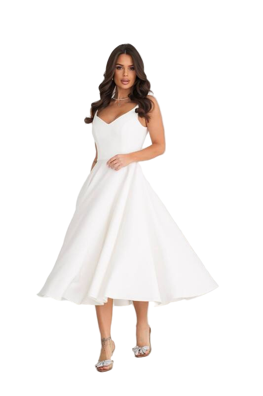 Elegant White Midi Cocktail Dress with Double Straps and Full Circle Skirt