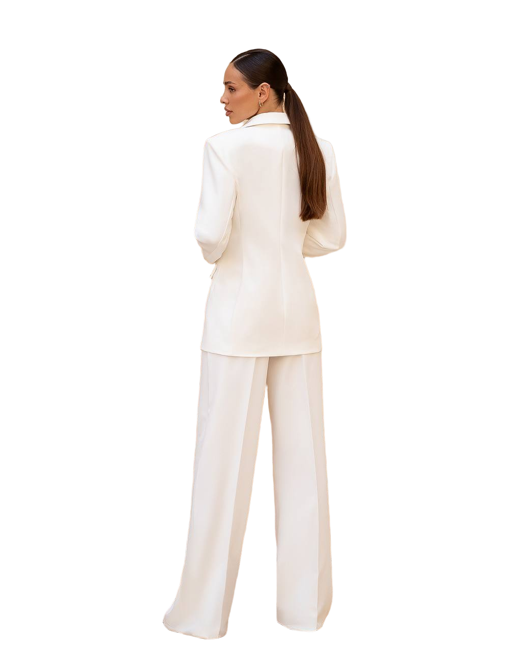 Woman wearing a white suit on a white background