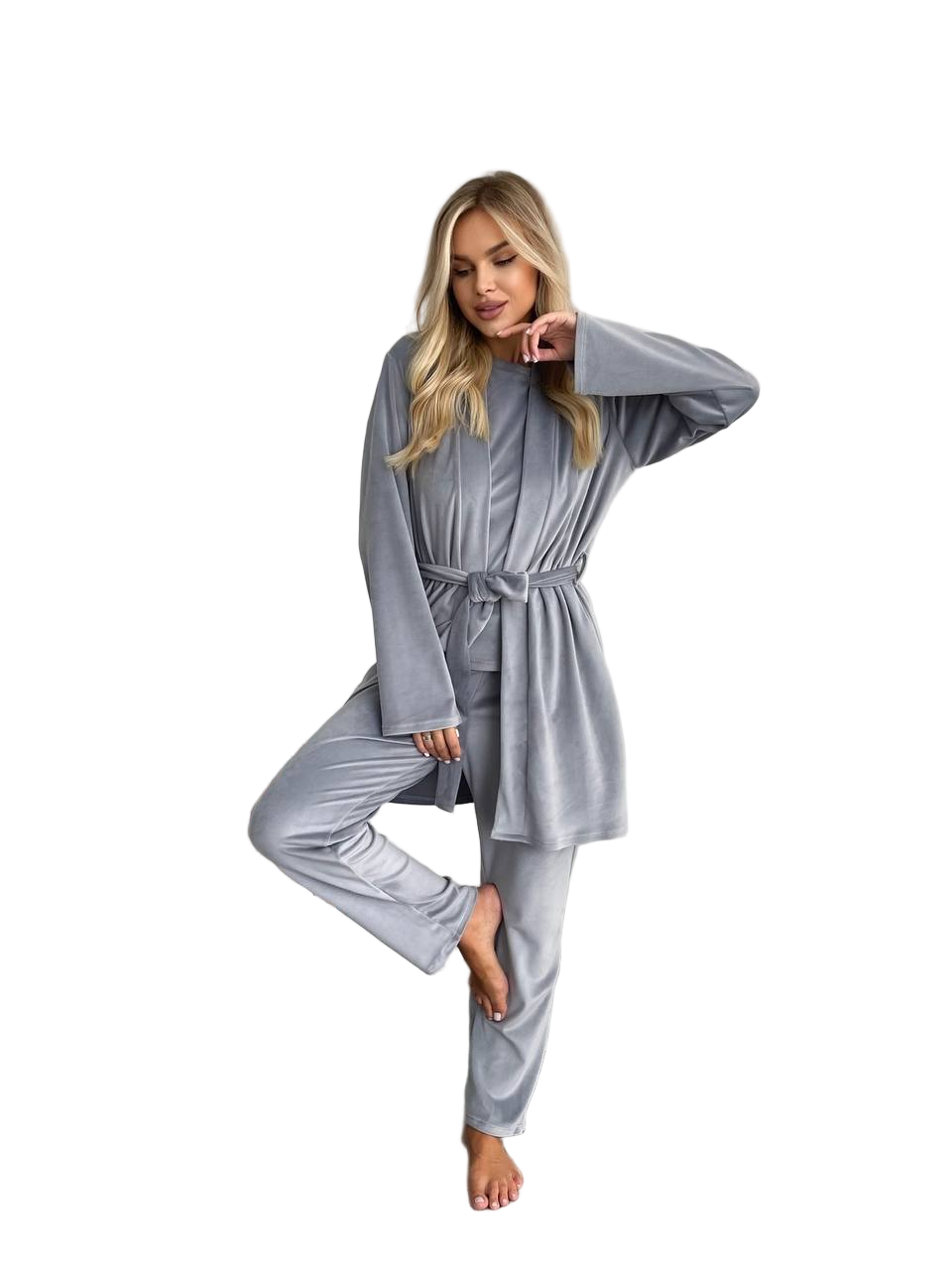 Velour Three Piece Loungewear Set Women Grey Robe Top Pants