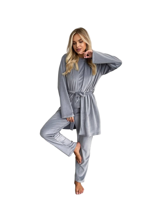 Velour Three Piece Loungewear Set Women Grey Robe Top Pants