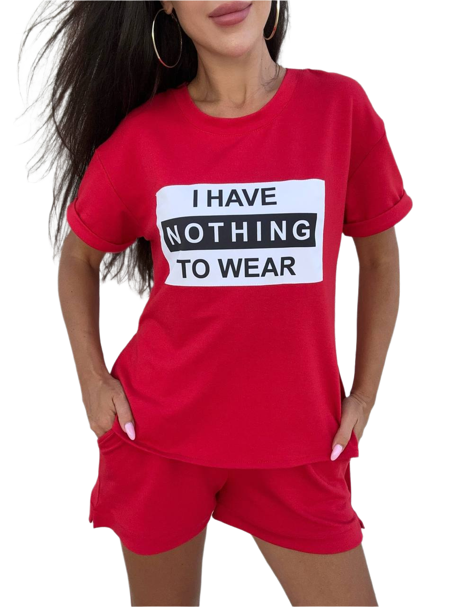 Red outfit with 'I HAVE NOTHING TO WEAR' text on a white background