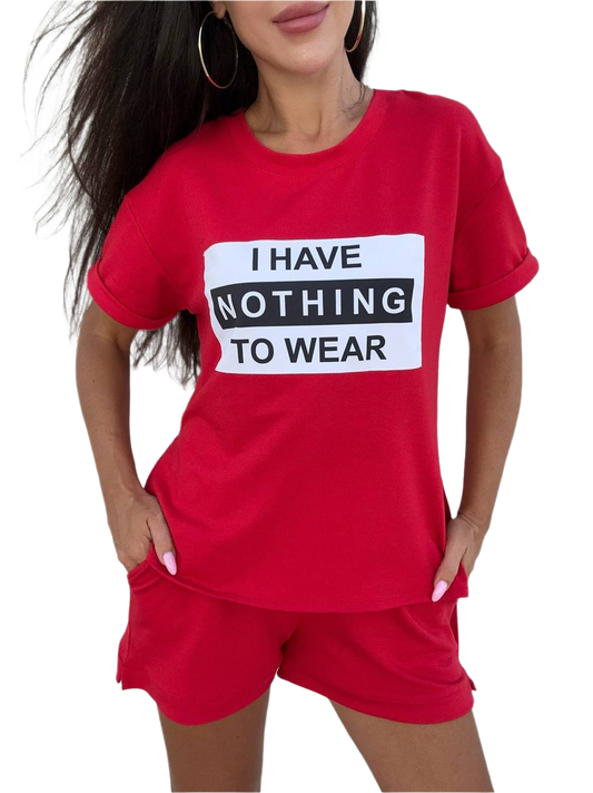 Red outfit with 'I HAVE NOTHING TO WEAR' text on a white background