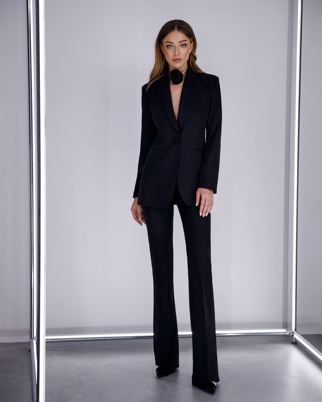 Womens Black Suit with Lined Blazer and Flared Pants