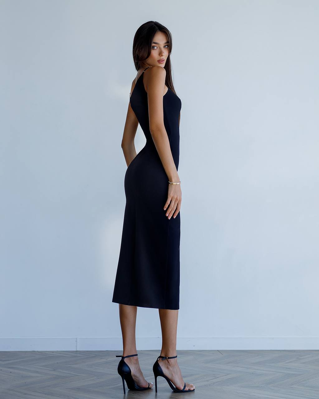 Elegant Asymmetric Neck Midi Dress with Side Slit in Premium Diagonal Crepe