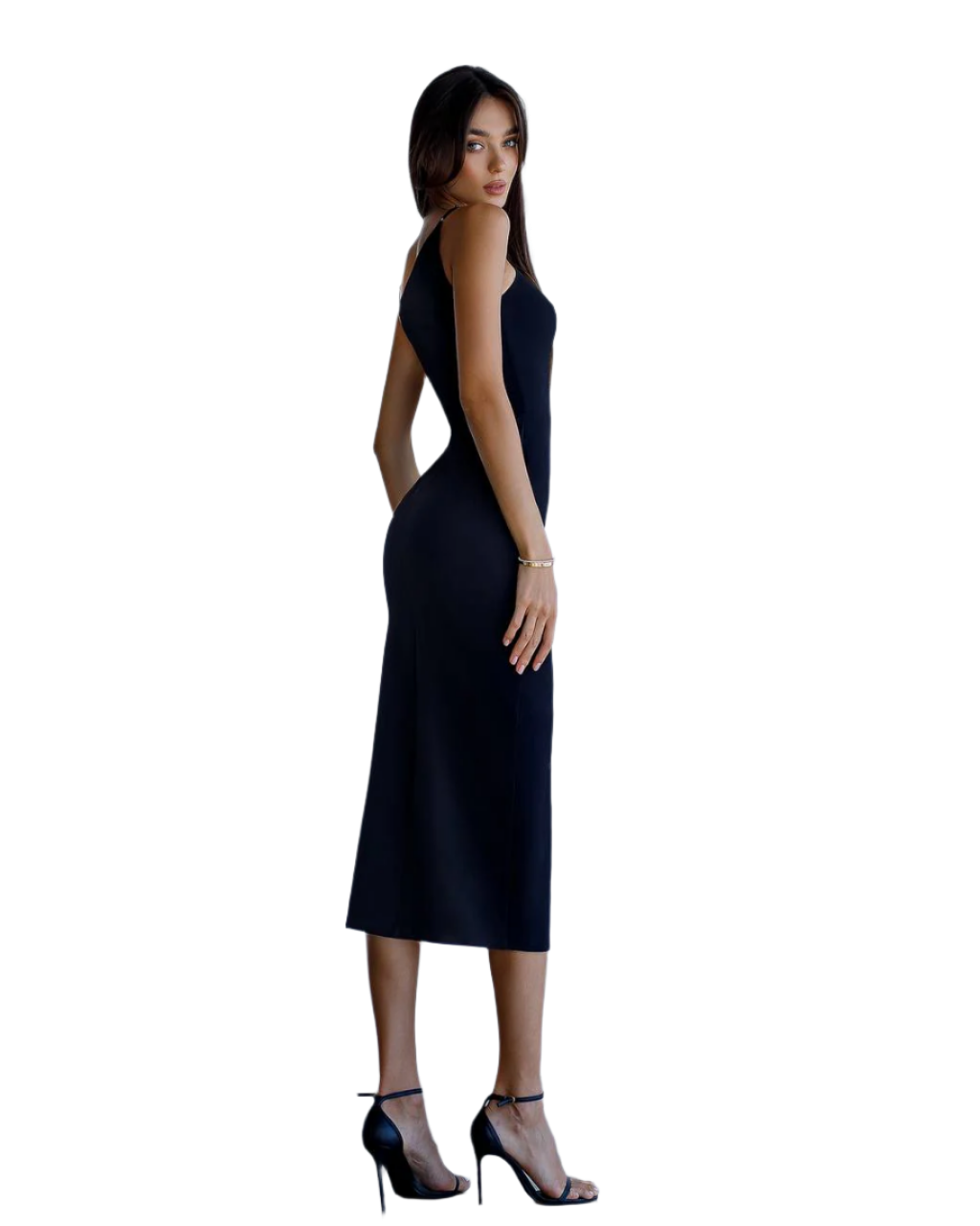 Elegant Asymmetric Neck Midi Dress with Side Slit in Premium Diagonal Crepe