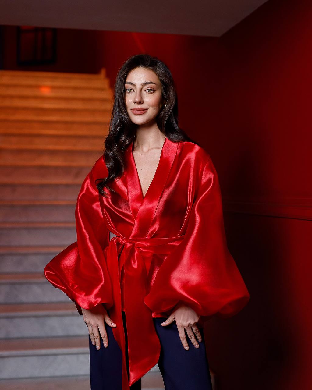 Womens Red Satin Blouse Tunic with Balloon Sleeves and Waist Tie