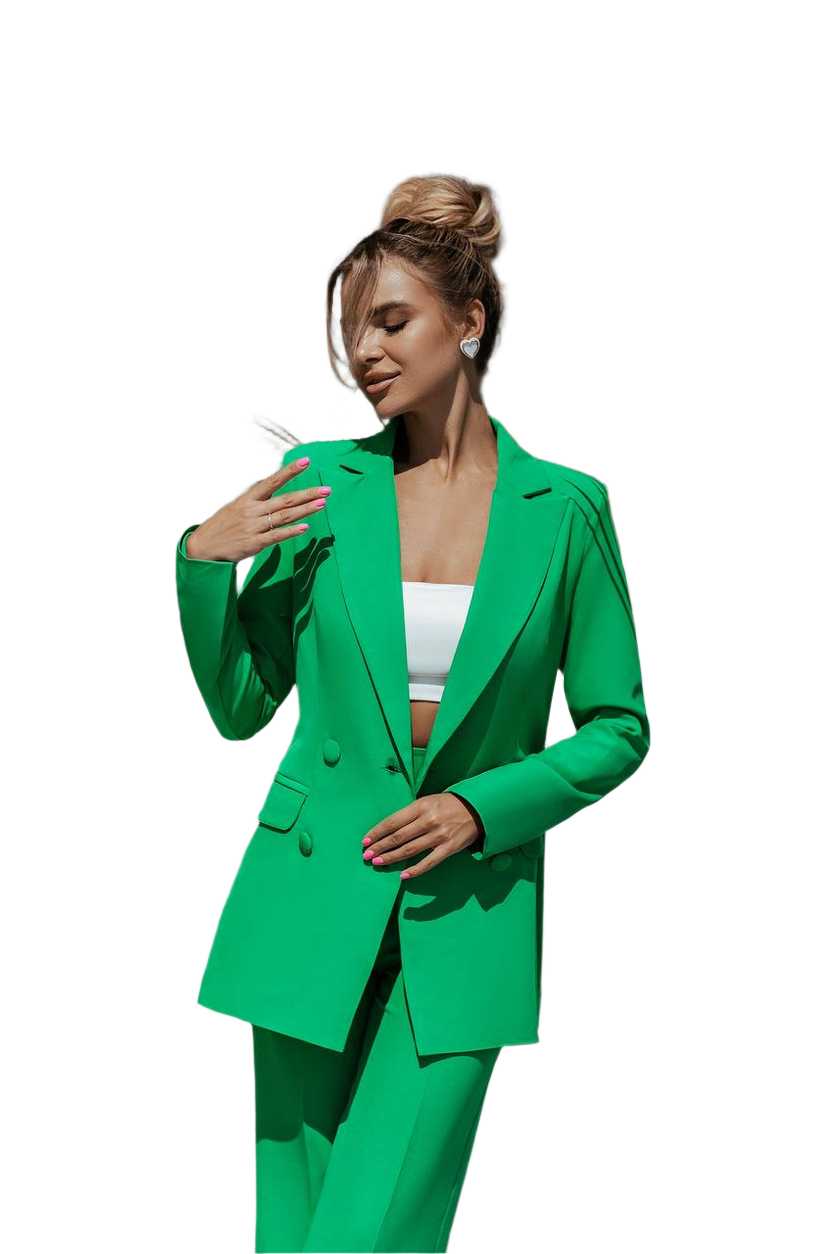 Woman wearing a green suit on a white background