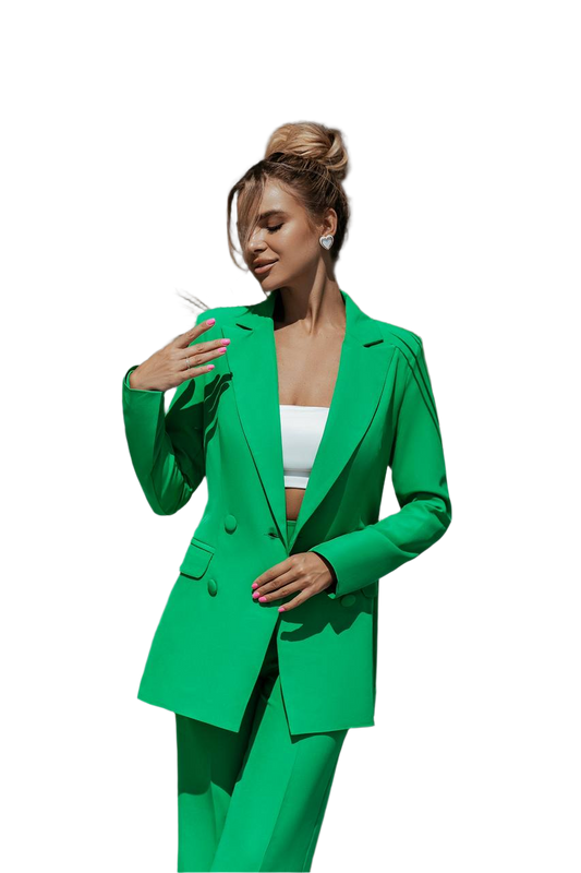Woman wearing a green suit on a white background