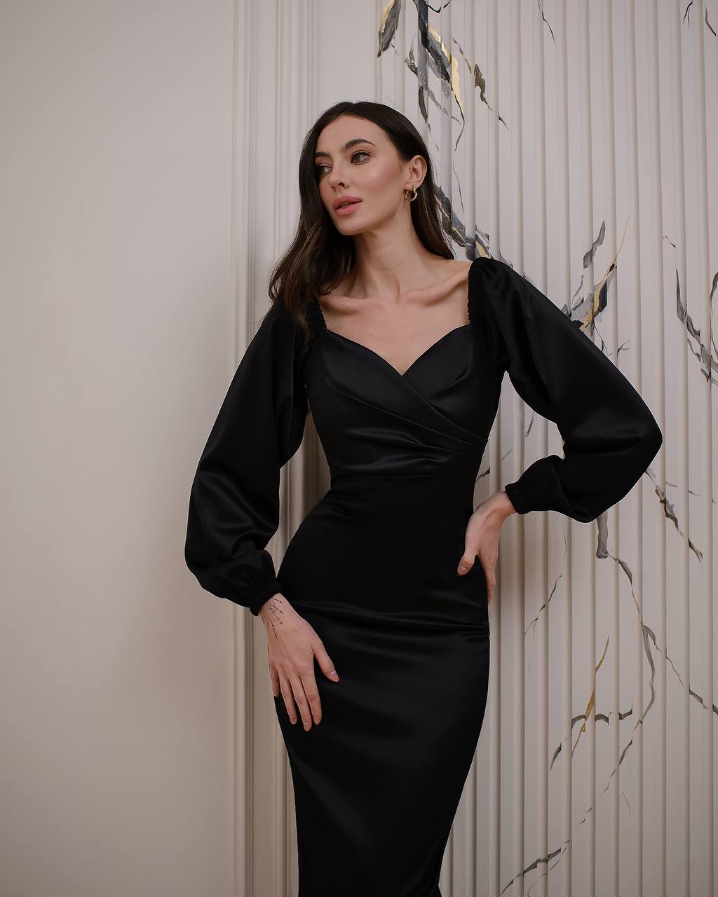 Elegant Off Shoulder Midi Dress in Mango Satin