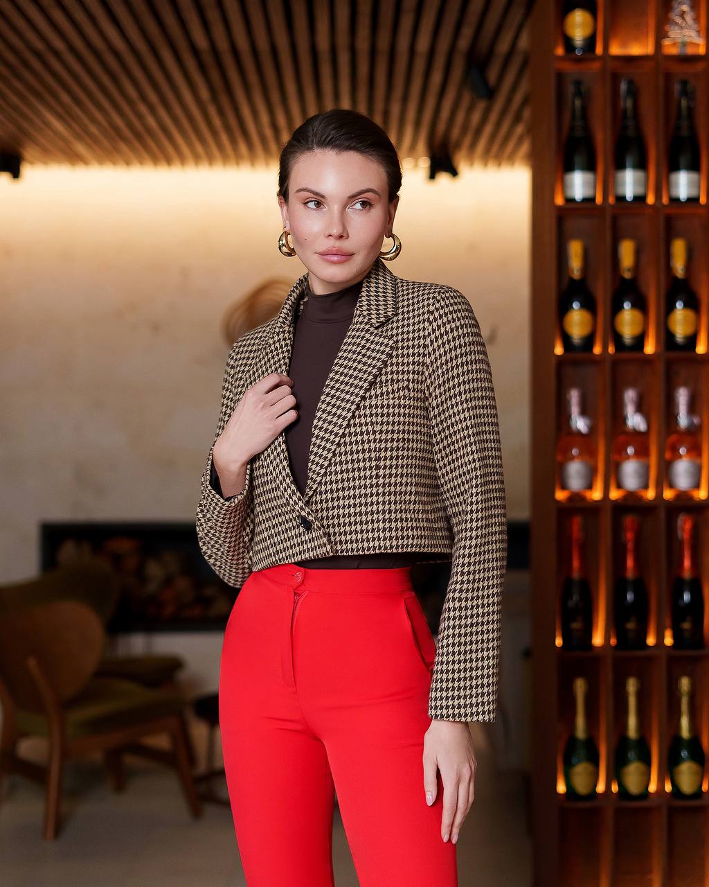Women's Premium Houndstooth Pattern Blazer Cropped Suit Jacket
