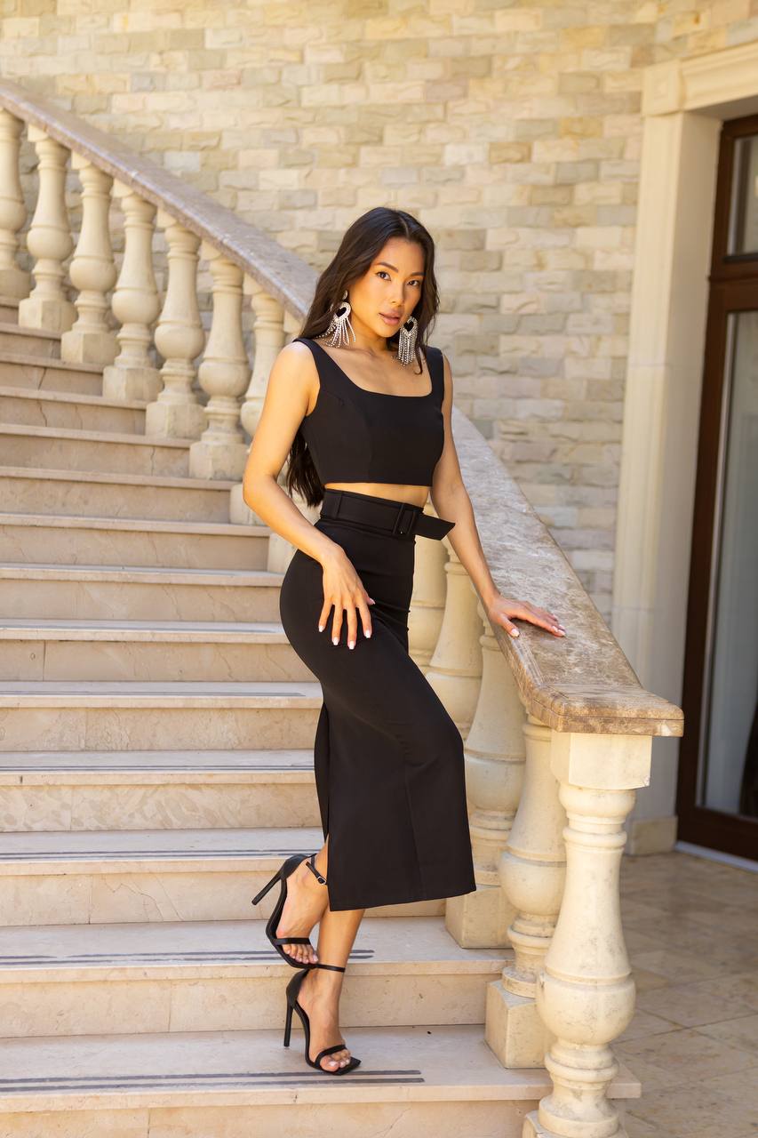 Women Pencil Skirt and Top Set Diagonal Crepe Black