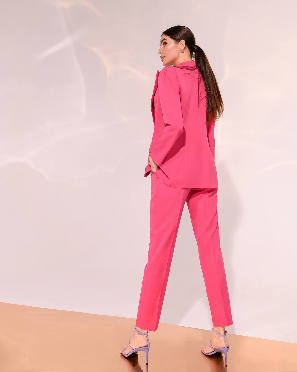 3 Pieces Women Prom Bridal Wedding Cocktail Suit Set Pantsuit Trousers Jacket Pants Top Bra Raspberry