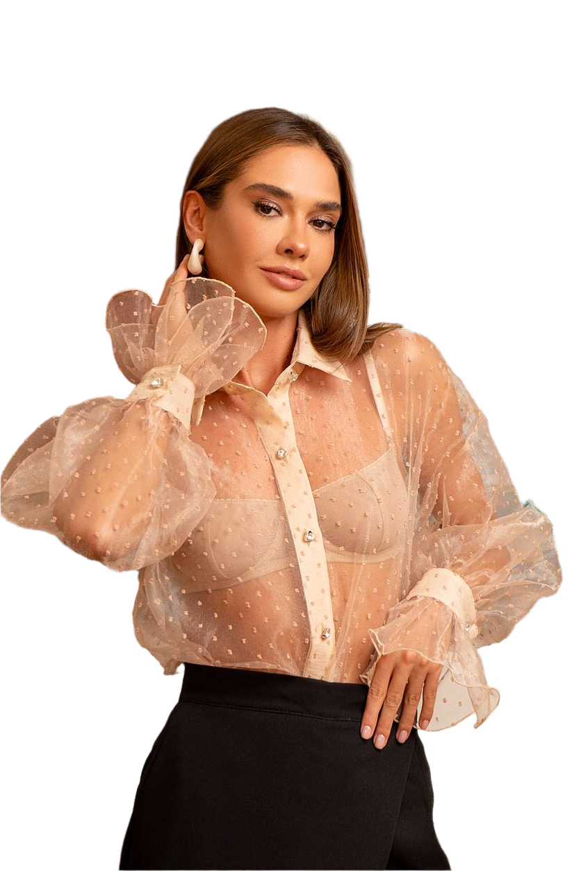 Elegant Sheer Organza Shirt with Polka Dot Texture for Women