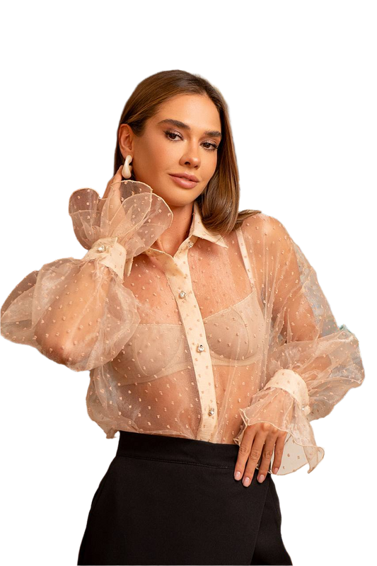Elegant Sheer Organza Shirt with Polka Dot Texture for Women