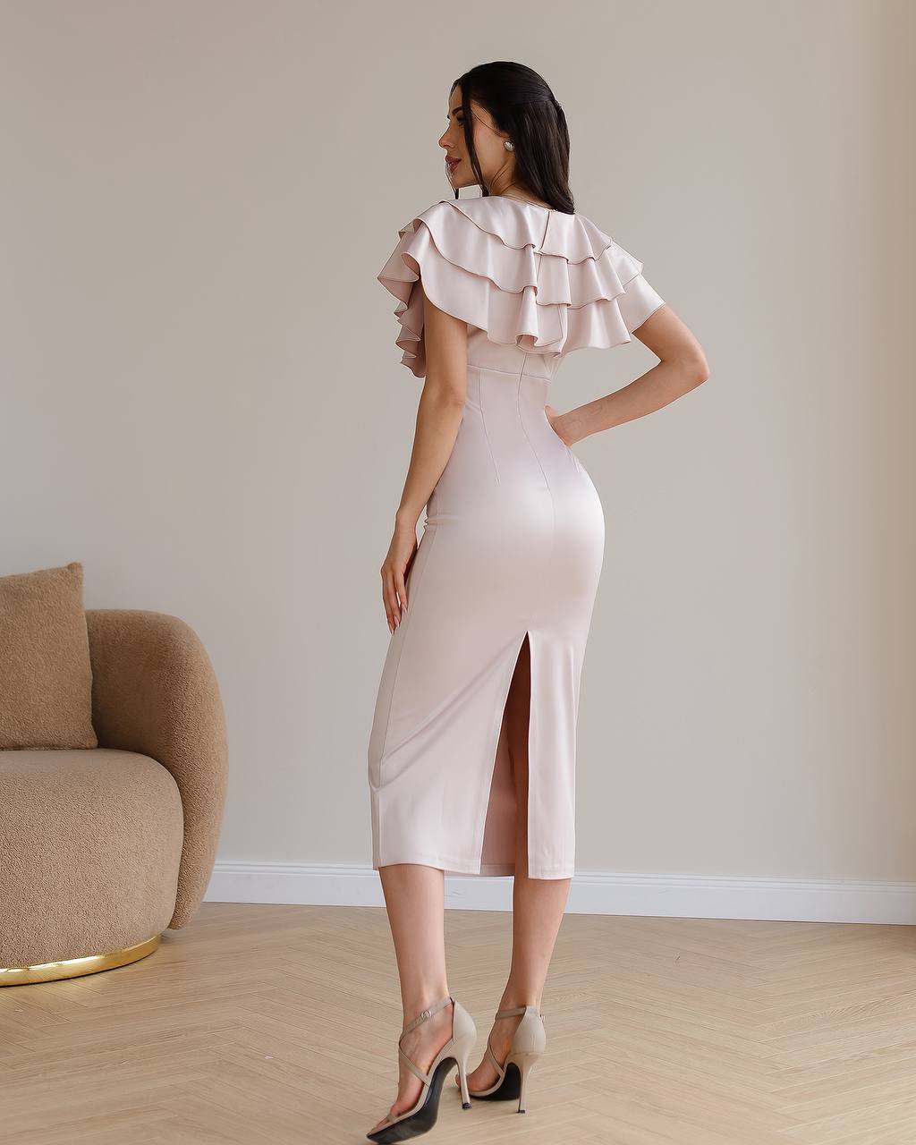 Elegant Midi Dress in Premium Mango Satin with Ruffle Details