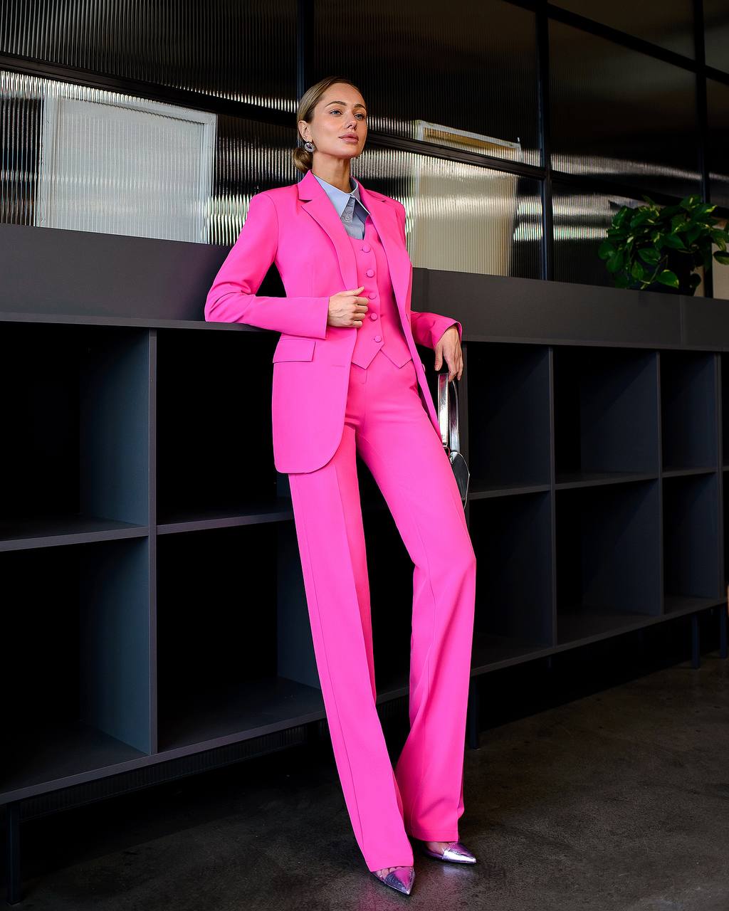 Womens Three Piece Suit with Vest in Vibrant Pink Diagonal Crepe