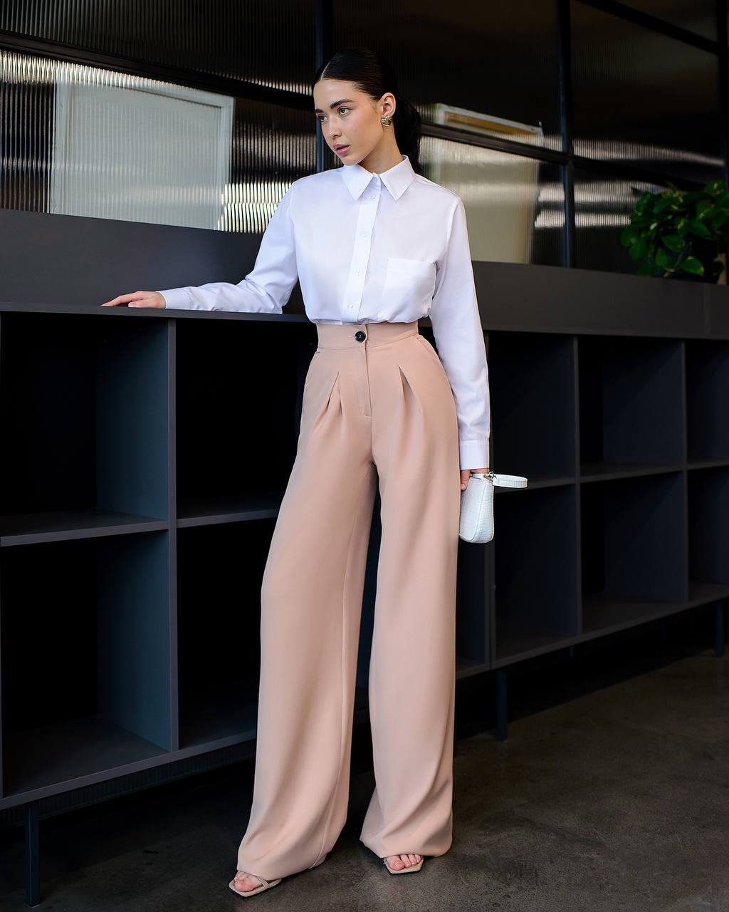 Wide Leg Trousers for Women in Suiting Diagonal Crepe Fabric