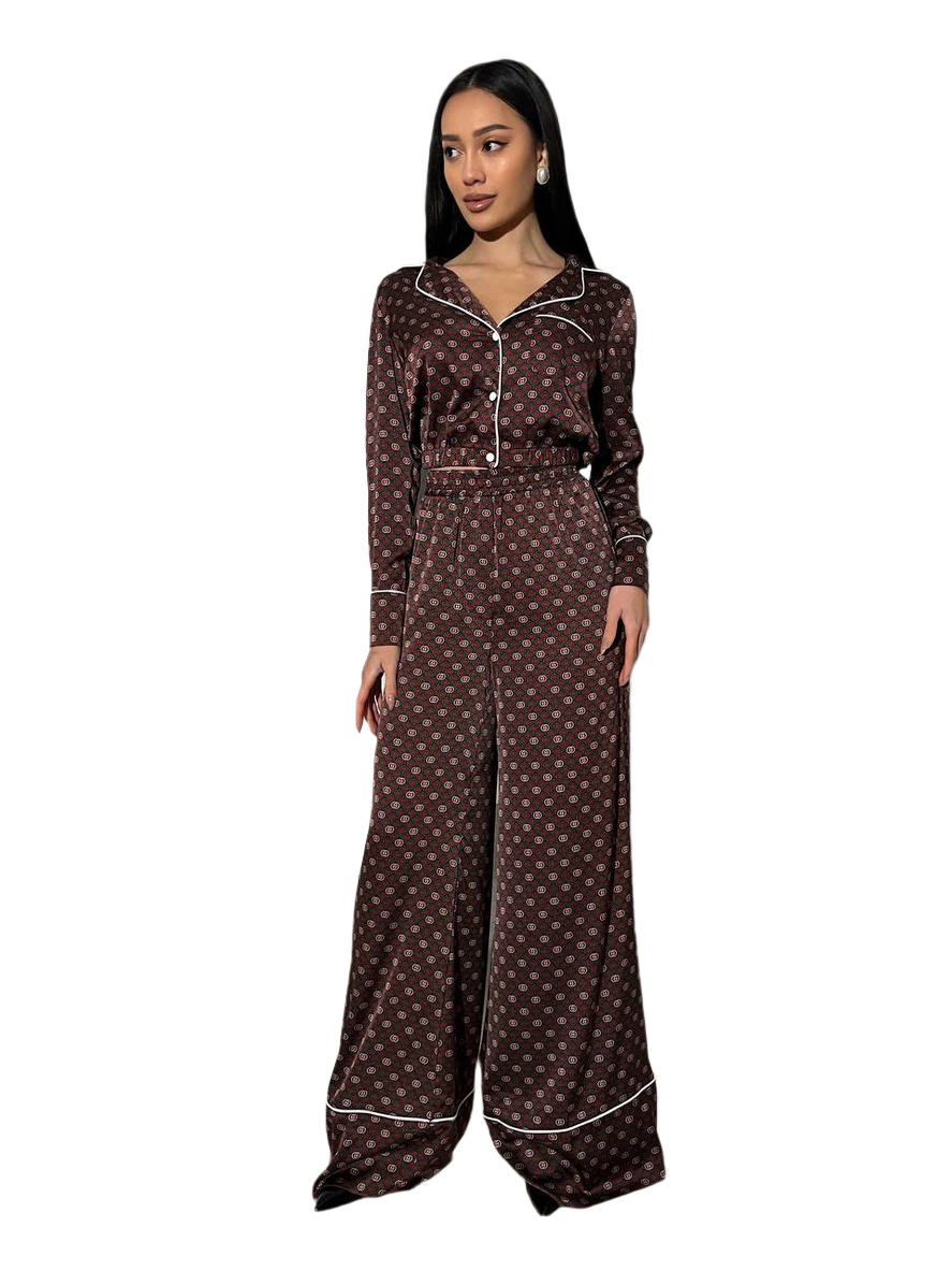 Womens Two-Piece Pajama Style Suit with Flared Trousers and Shirt
