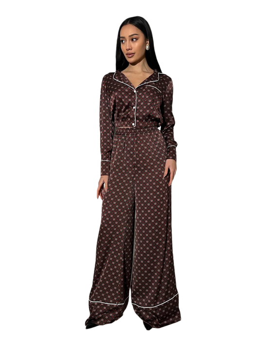 Womens Two-Piece Pajama Style Suit with Flared Trousers and Shirt