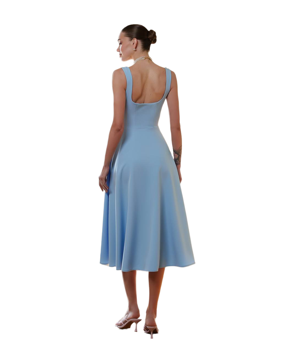 Elegant Blue Midi Dress in Premium Suit Crepe-Diagonal Fabric