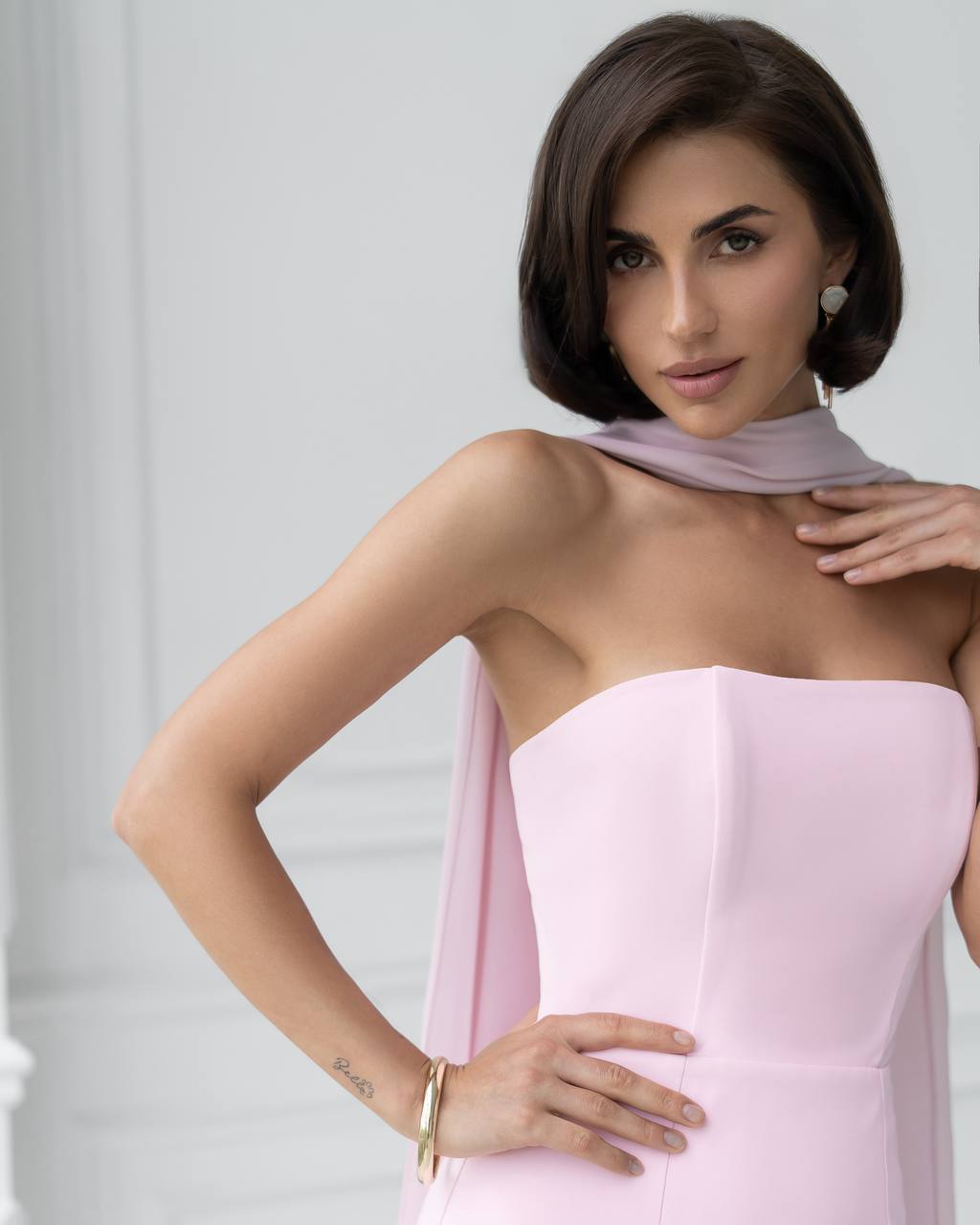 3 Piece Elegant Pink Wedding Bridal Set - Corset Style Dress, Chiffon Skirt and Scarf