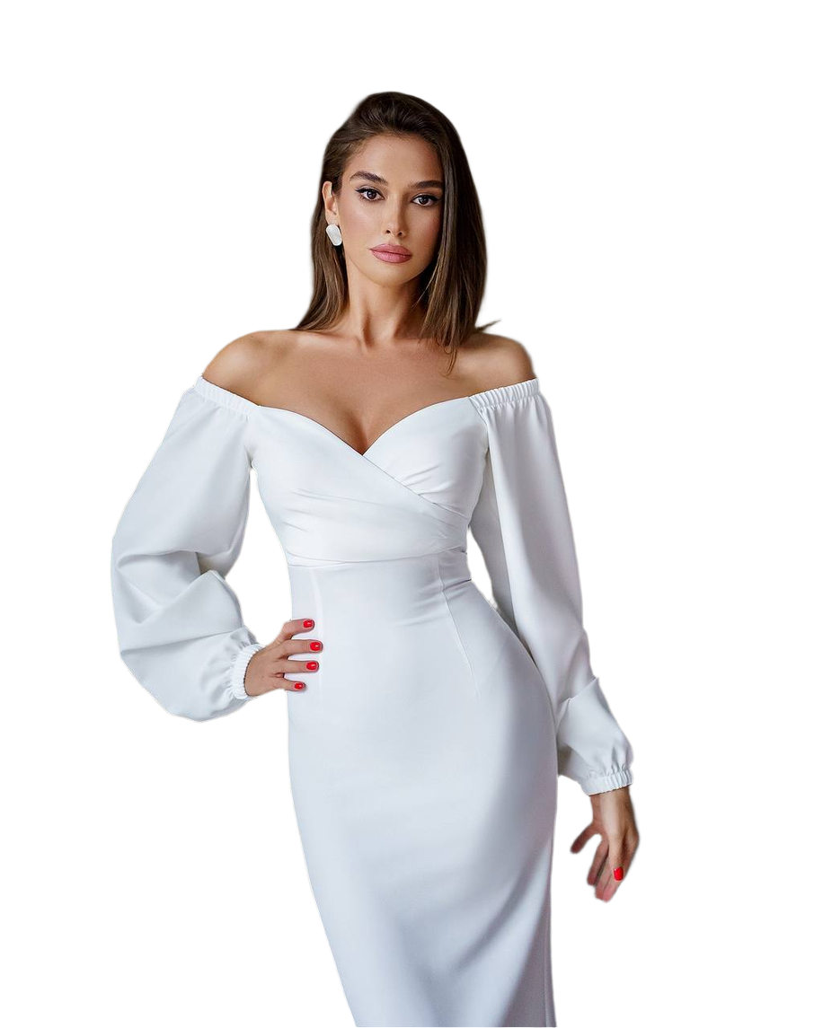 Woman wearing a white off-shoulder dress on a white background