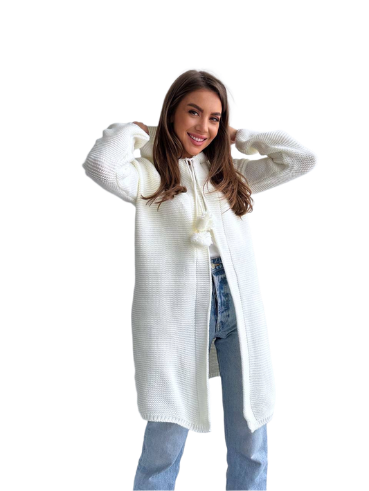 Woman wearing a long white sweater with a hood on a white background