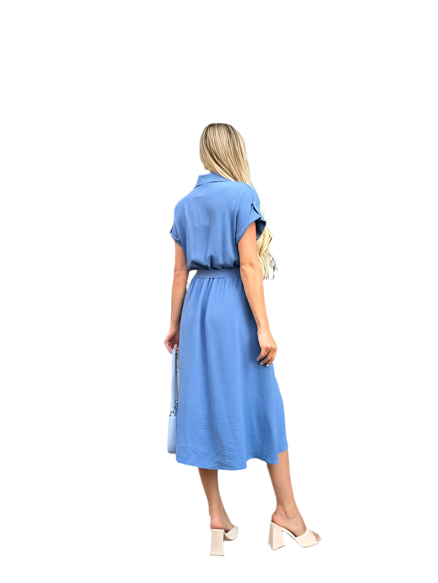 Light Blue Summer Dress with Elastic Waist and Side Pockets
