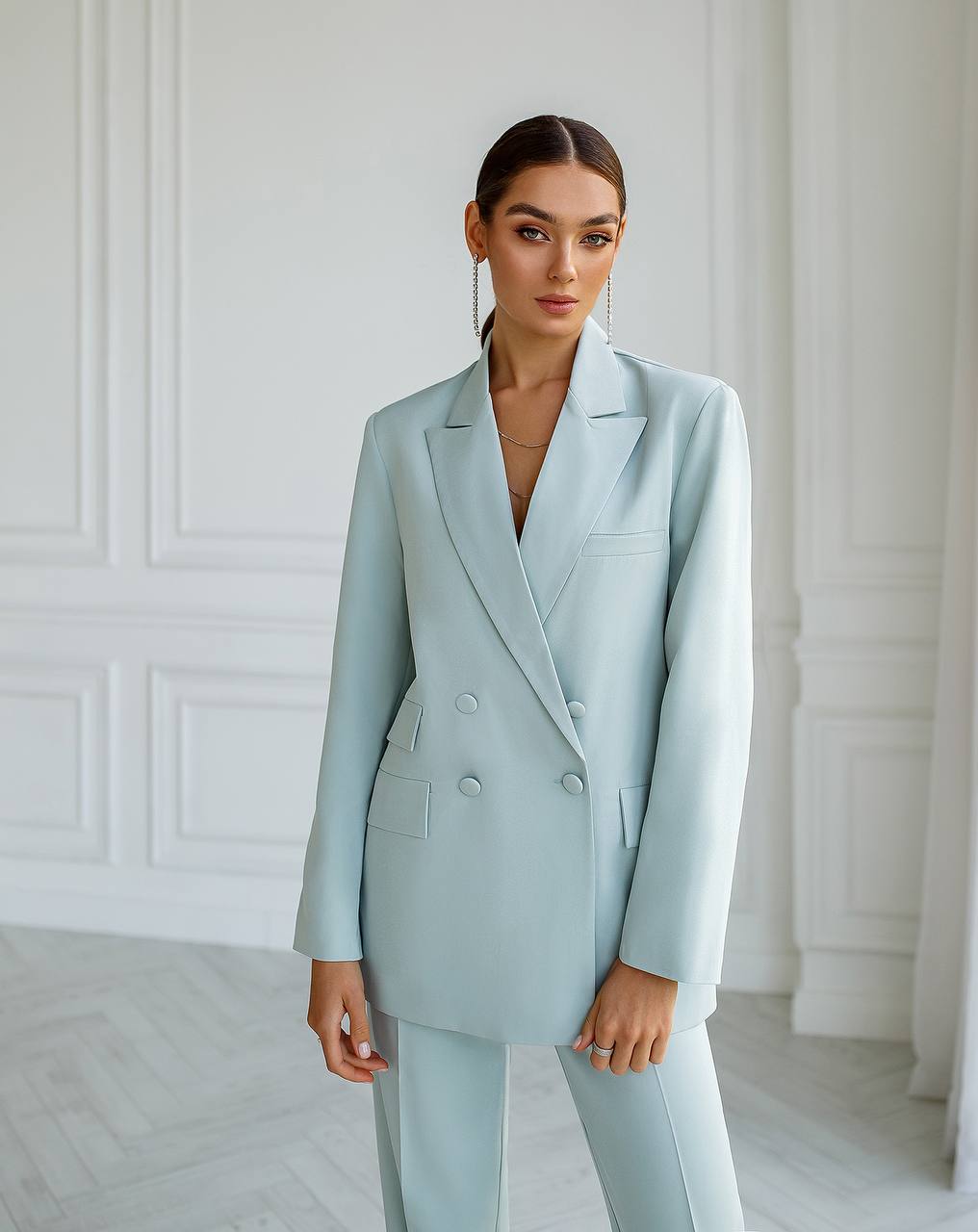 Luxury Diagonal Suiting Crepe Women's Suit in Blue