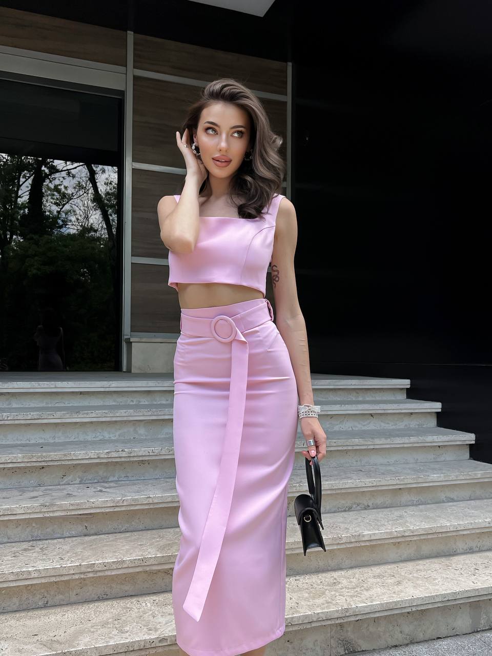 Womens Pencil Skirt and Top Set in Diagonal Crepe
