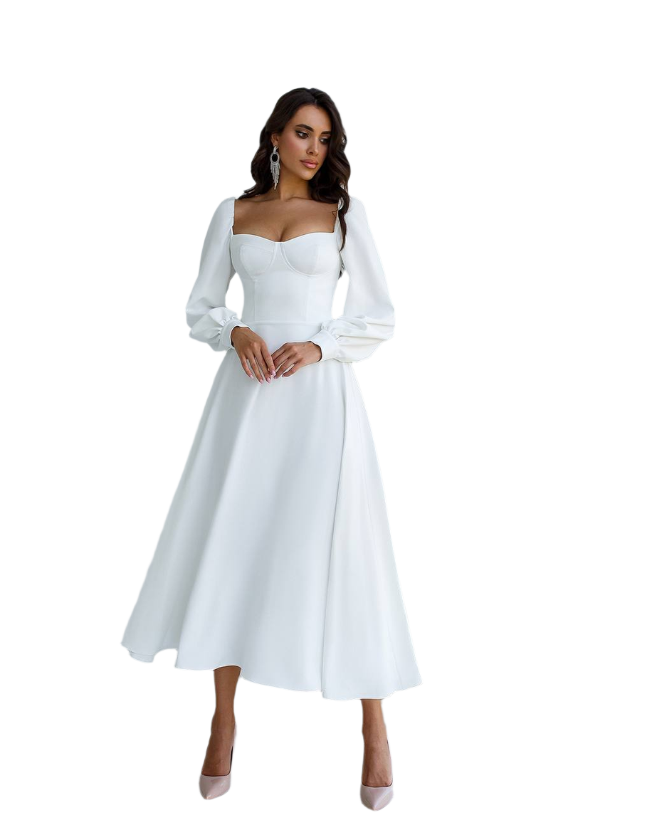 White Midi Dress with Cups and Long Puff Sleeves for Women