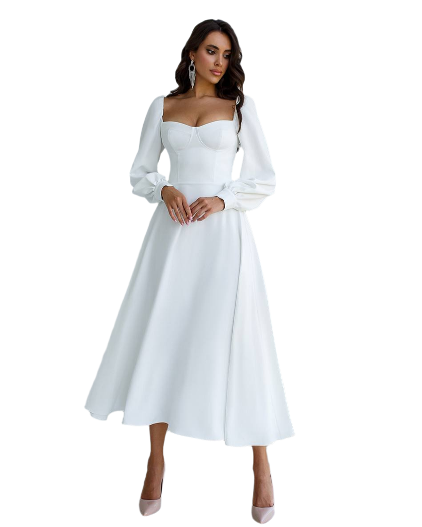 White Midi Dress with Cups and Long Puff Sleeves for Women