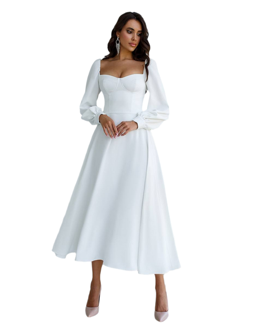 White Midi Dress with Cups and Long Puff Sleeves for Women
