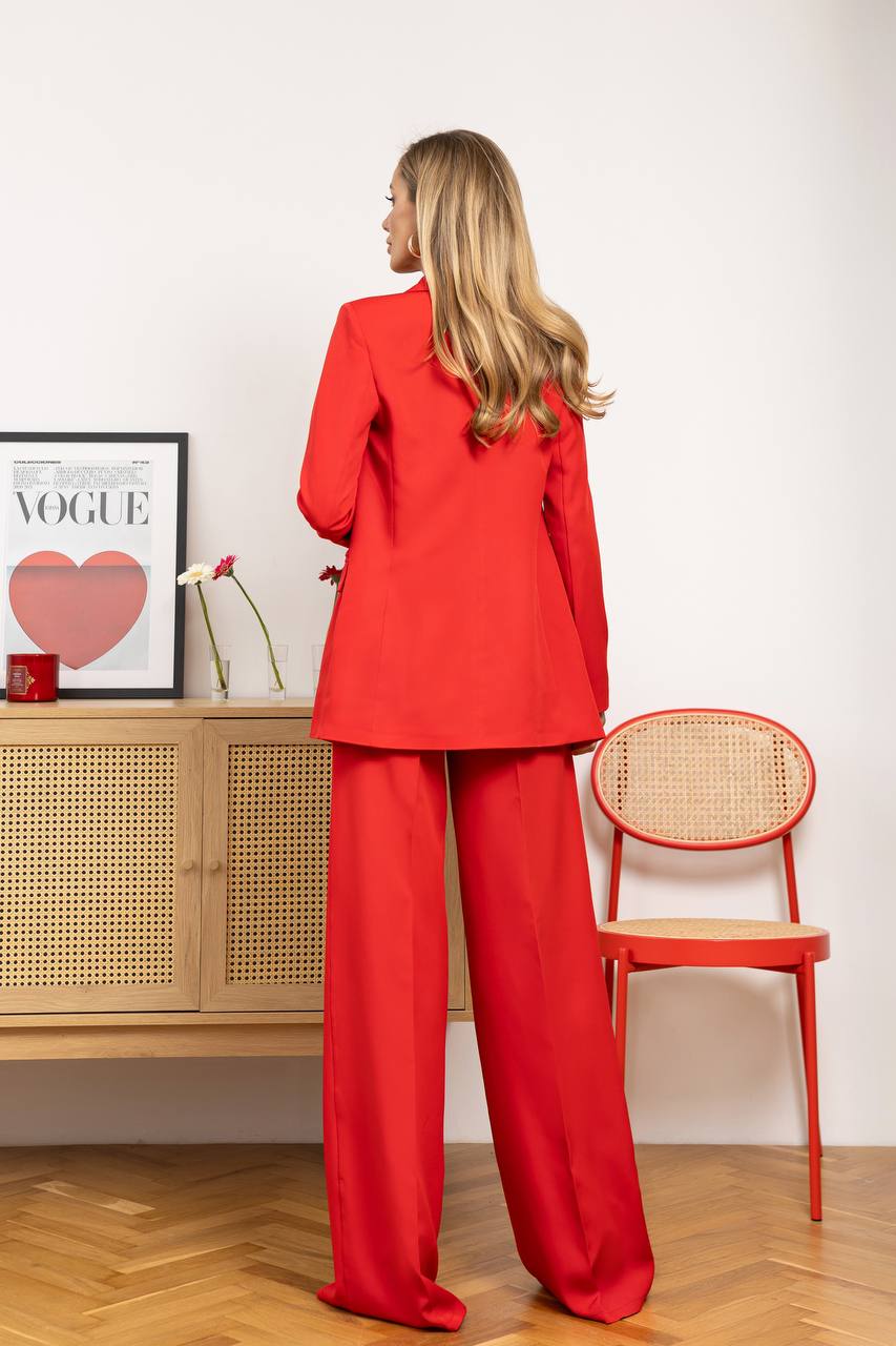 Red Diagonal Crepe Palazzo Suit Women Tailored Blazer Wide Leg Pants